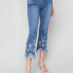 CHARLIE B Blue Cropped Jeans with Floral Embroidery